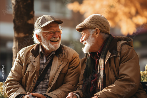 aged male couple sitting on a bench in the sunshine at a autumn day © bmf-foto.de