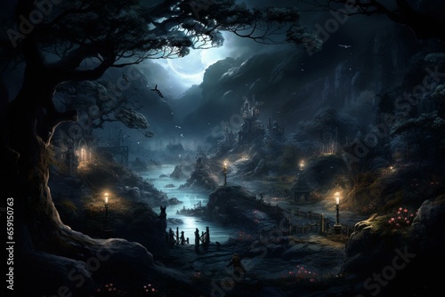 A breathtaking nocturnal landscape combining elements of nature and imagination. Generative AI