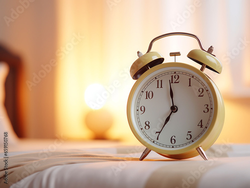 Close-up of an alarm clock on the background of a bright room, bed and window with curtains