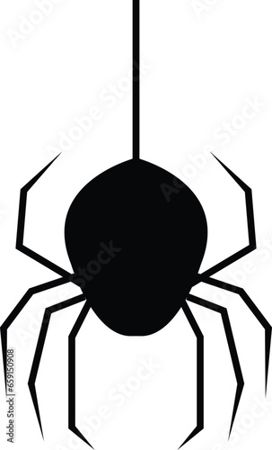 Spider Black Widow. Black bug spider silhouette, isolated white background. Scary Halloween icon, symbol horror, animal arachnid, creepy dangerous insect, arachnophobia fear