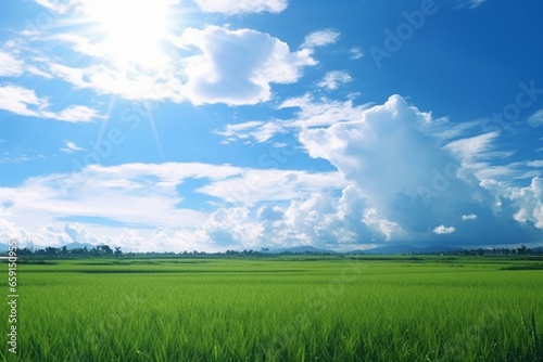 Blue sky over paddy field. Generative AI photo