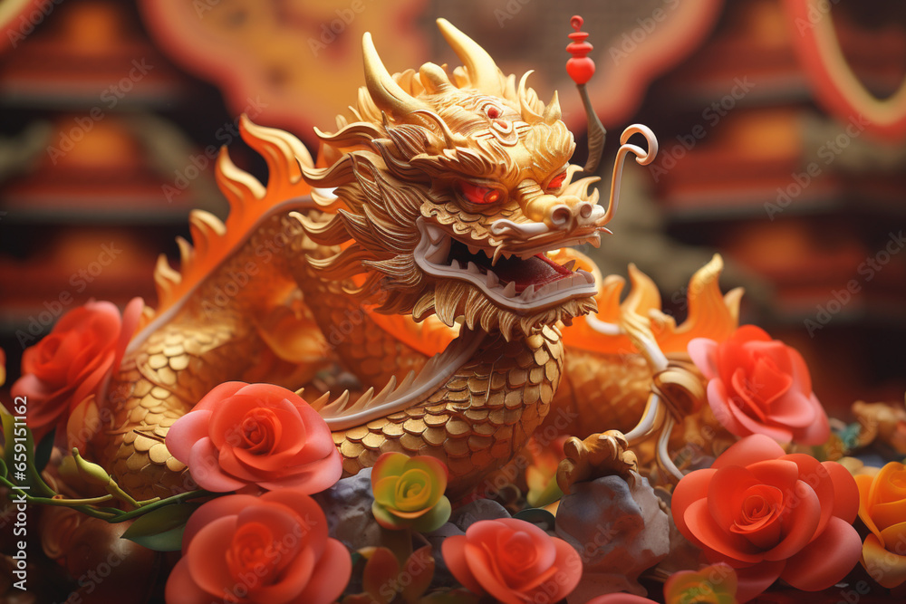 Vintage chinese new year card with Surreal golden dragon.Trendy colors of New Year 2024 the year. Close-up. Banner.