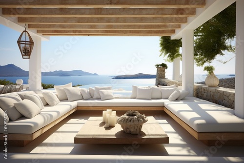 Modern Greek island outdoor summer lounge. Generative AI