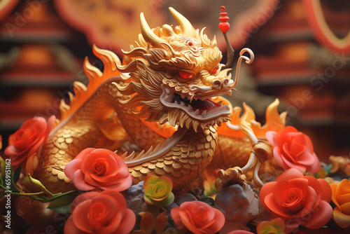 Vintage chinese new year card with Surreal golden dragon.Trendy colors of New Year 2024 the year. Close-up. Banner. © Nataliia