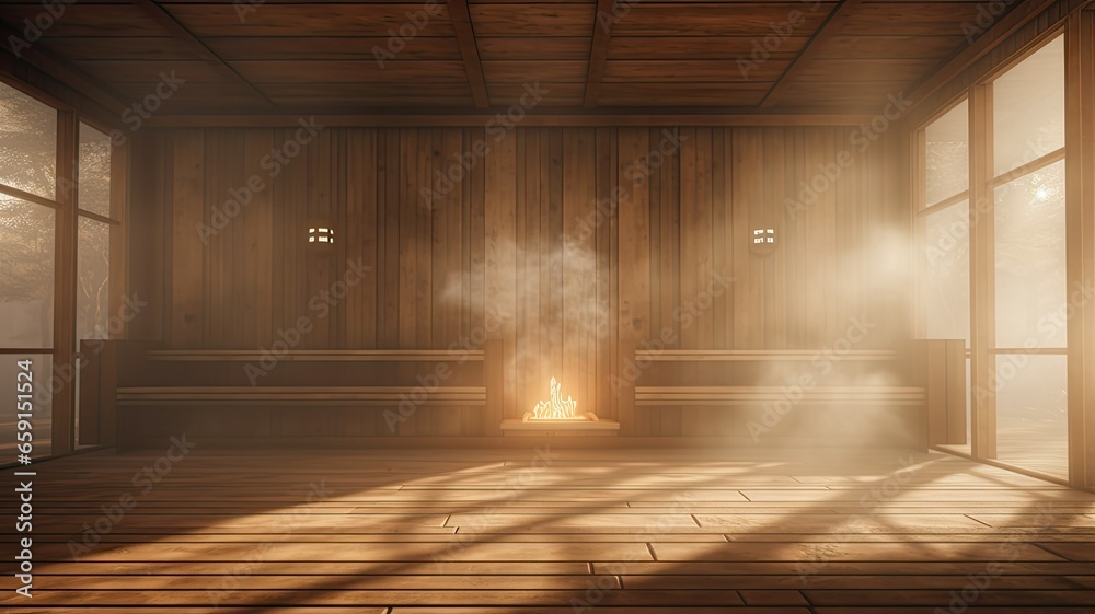 an all wood steam room, in the style of sparse backgrounds, multilayered, smokey background, naturalistic light and shadow, pretty, high quality, vibrant.