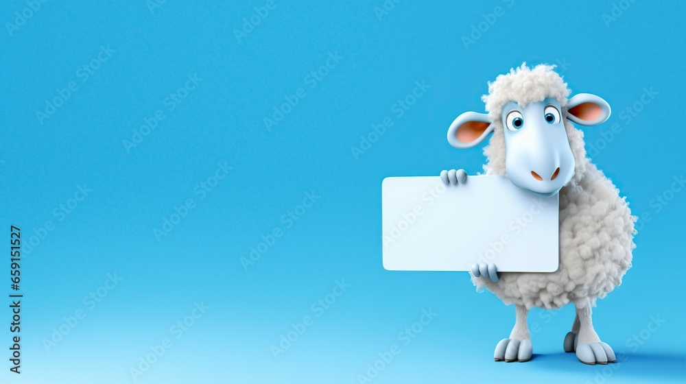 Obraz premium cartoon illustration, the sheep is holding an empty white sign with a blue background