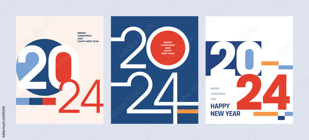 2024 Colorful set of Happy New Year posters. Abstract design typography style. Vector logo 2024 for celebration and season decoration, backgrounds for branding, banner, cover, card or social media 2024 Colorful set of Happy New Year posters. Abstract design typography style. Vector logo 2024 for celebration and season decoration, backgrounds for branding, banner, cover, card or social media