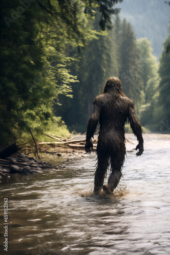 Bigfoot, also known as Sasquatch, is a legendary and elusive creature of North American folklore, often described as a large, ape-like hominid, computer Generative AI stock illustration image photo