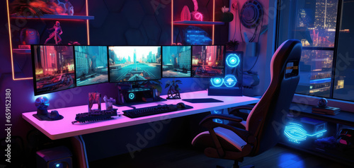 game room, computer, room design, computer games, gaming, monitors, speakers, neon lighting, view from the window, gaming chair, computer desk