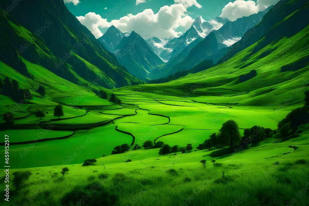 SERENE VALLEY WITH LUSH GREEN MEADOWS AND TOWERING MOUNTAINS - AI Generative