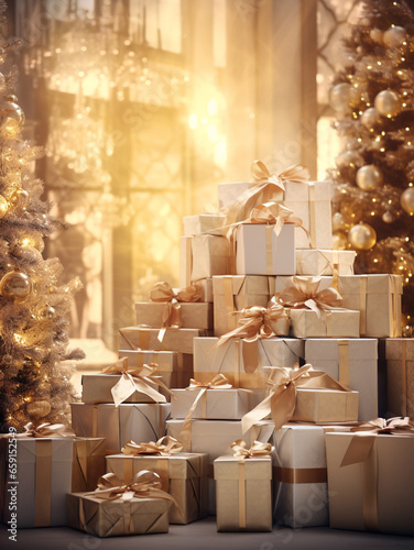 A large mountain of New Year's gifts stands in a bright room against the background of a New Year tree and garland lights. Golden Christmas gifts with bows under the Christmas tree.