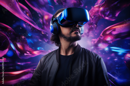 A male wearing a virtual reality headset to immersive in a digital realm where sensory feedback and interactive experiences redefine reality, computer Generative AI stock illustration image © Tony Baggett