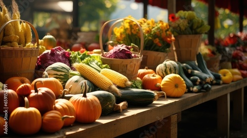 the vibrant colors and variety of fresh produce at a bustling farmers' market. stalls overflowing with apples, pumpkins, squash, and other fall fruits and vegetables.