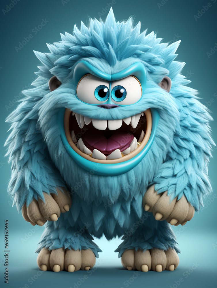 3d illustration of blue monster cartoon character, generative ai