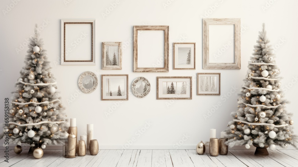 a gallery wall with empty frames against a white wall. the frames with Christmas and New Year-themed artwork or photographs.a vase of fresh fir branches on a table below to tie in the holiday spirit. - obrazy, fototapety, plakaty 