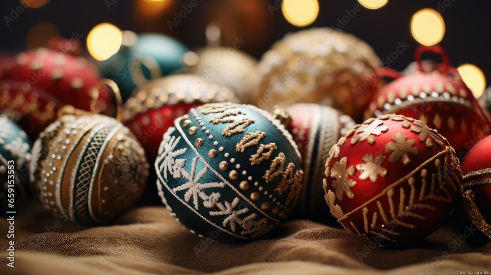a collection of handcrafted Christmas ornaments on a vintage woven fabric backdrop to showcase their intricate patterns and textures. soft, natural lighting to enhance the warmth of the scene. a collection of handcrafted Christmas ornaments on a vintage woven fabric backdrop to showcase their intricate patterns and textures. soft, natural lighting to enhance the warmth of the scene.