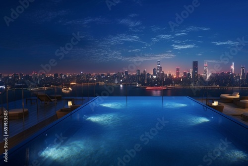 Breathtaking rooftop infinity pool with panoramic night city skyline view. Generative AI