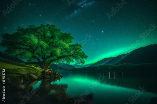 Starry sky, big tree, dramatic atmosphere, island, waterfall. Sparkling lights - AI Generative