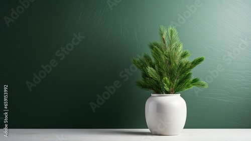 an empty white wall as a mock-up canvas  a stylish vase with green fir branches on a white table beneath the wall. This is a great way to showcase the simplicity of holiday home decor.