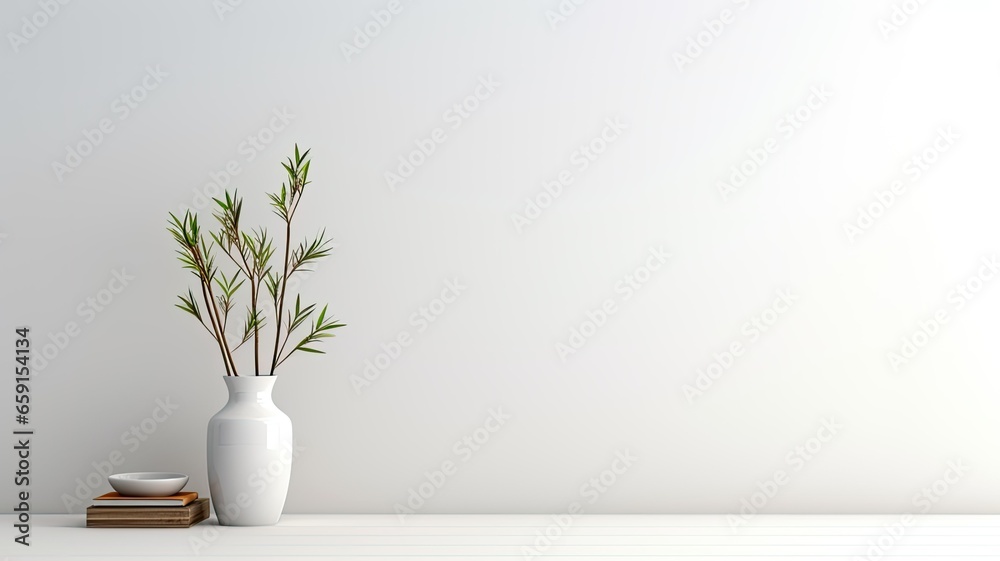 an empty white wall as a mock-up canvas, a stylish vase with green fir branches on a white table beneath the wall. This is a great way to showcase the simplicity of holiday home decor.