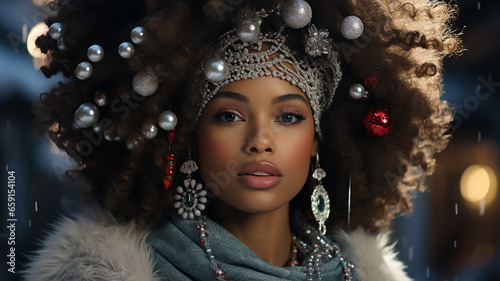 Beautiful woman, decorated with Shiny Christmas baubles