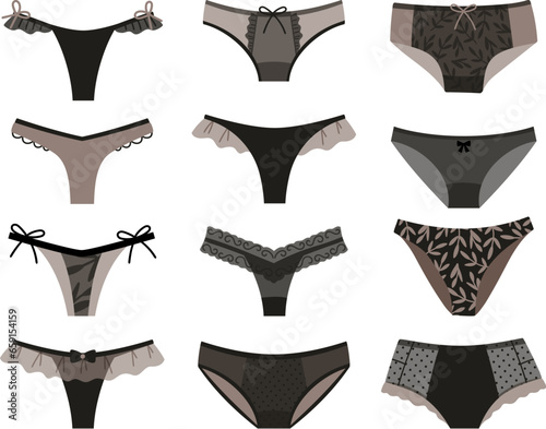 Collection of women underwear types panties, bikini, string, tanga. Underclothing vector set