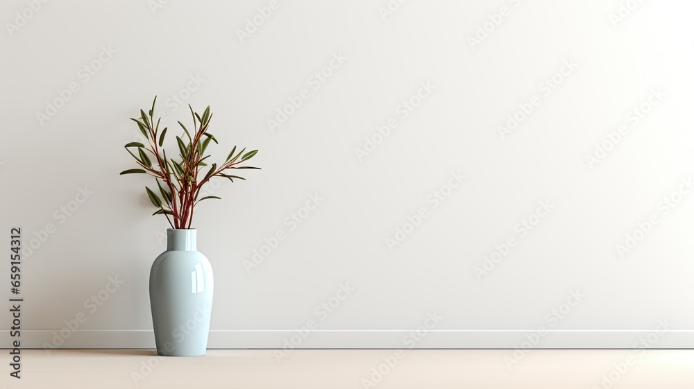 an empty white wall as a mock-up canvas, a stylish vase with green fir branches on a white table beneath the wall. This is a great way to showcase the simplicity of holiday home decor. an empty white wall as a mock-up canvas, a stylish vase with green fir branches on a white table beneath the wall. This is a great way to showcase the simplicity of holiday home decor.