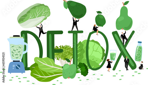 Detox cocktail with water, vegetables and fruits in the jug. Healthy diet vector illustration with little people. Fresh smoothies for healthy life. Green energetic drink