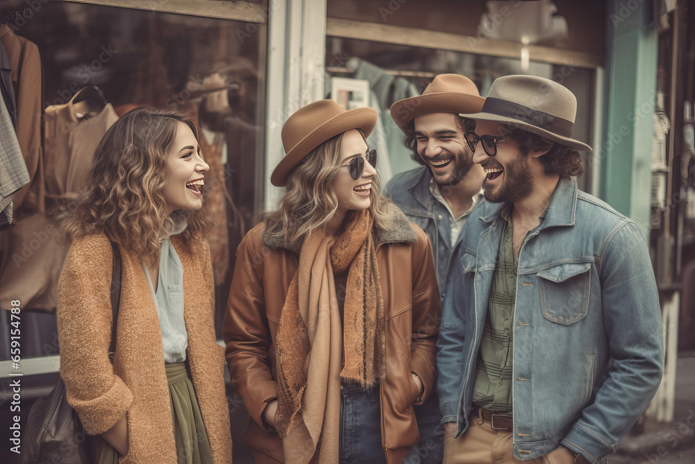 Group of friends laughing trying on vintage clothing outside a store