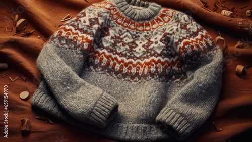 a cozy, hand-knitted Scandinavian-style sweater placed against a vintage woven fabric background, the intricate patterns and textures of the fabric, highlighting the warmth