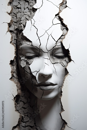 a black and white photo featuring a woman's head through a crack, in the style of hyperrealistic sculptures, recycled material murals, cracked