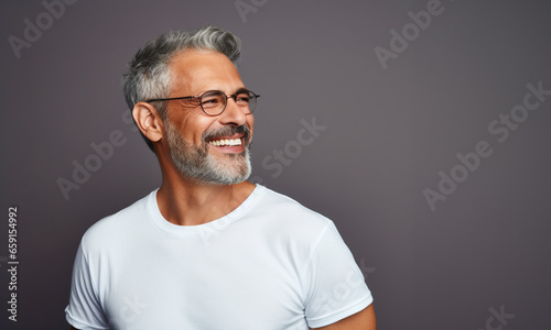 Retrato de un hombre latino maduro, con canas, sonriendo, con apariencia saludable y vitalidad, usando una camisa blanca y gafas, posando en un estudio fotográfico con fondo de color