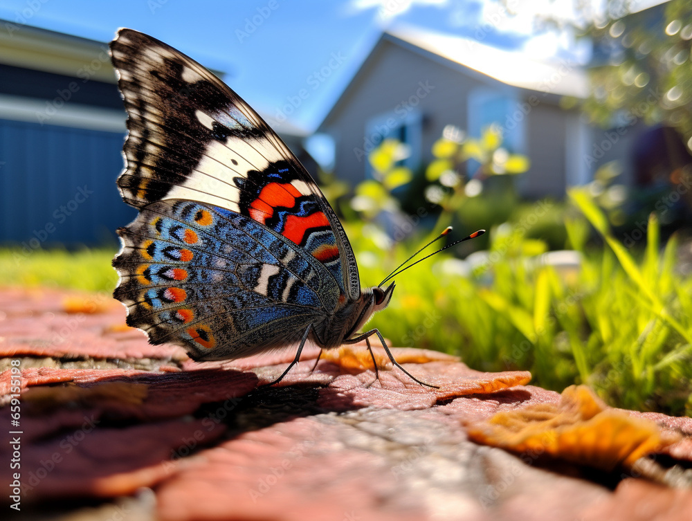Obraz premium A Photo of a Butterfly in the Backyard of a House in the Suburbs