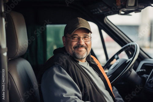 Professional truck driver looks at the camera at a portrait of an experienced man 40-60 years old behind the wheel. © Anton Moskovchenko