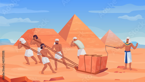 Egyptian building pyramids. Ancient construction pyramid slavery work, egypt slave labor, old africa architecture, slaves move stone geometry blocks, ingenious vector illustration