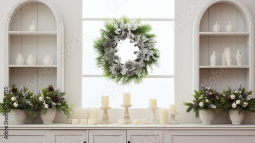 holiday-themed art and craft projects against an empty white wall. handmade decorations, wreaths, and festive artwork on a table. a vase with fresh fir branches to complement the seasonal theme.