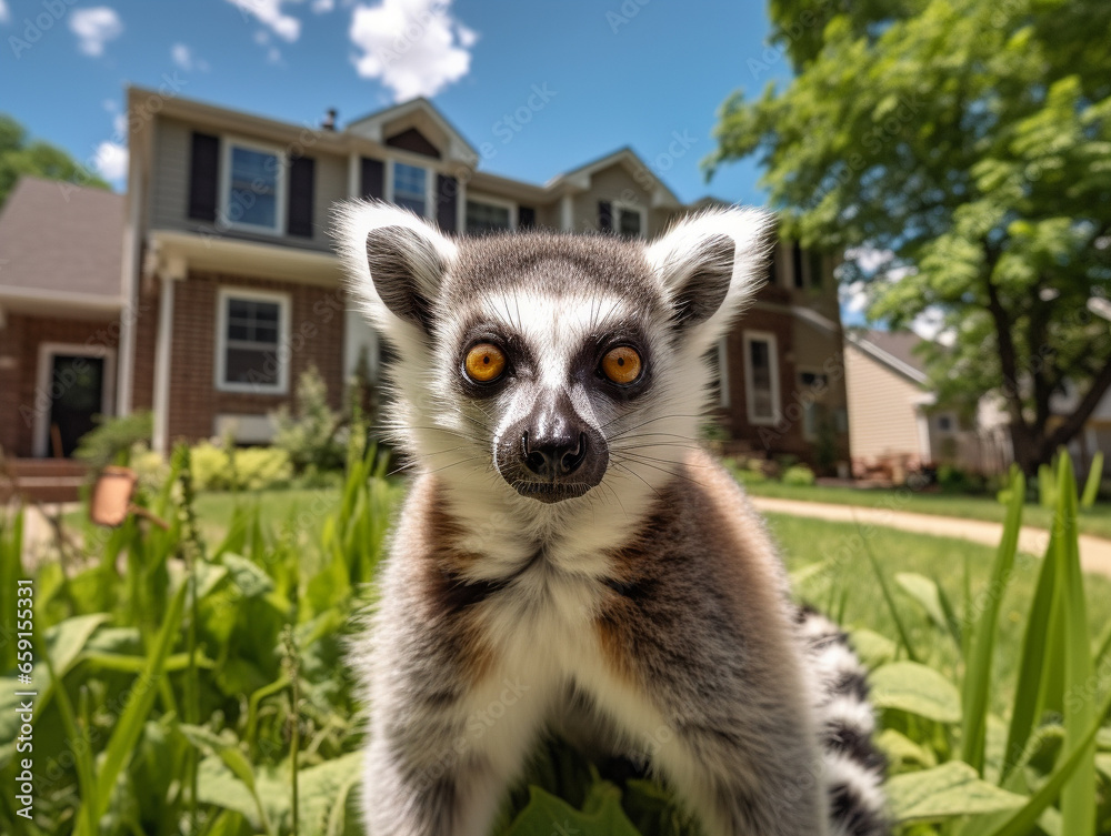 Fototapeta premium A Photo of a Lemur in the Backyard of a House in the Suburbs