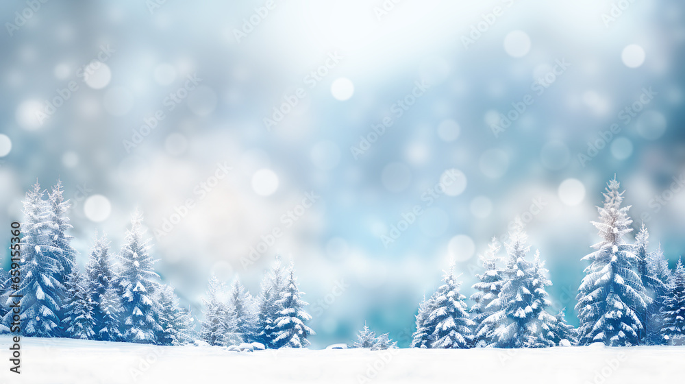 Merry Christmas and happy new year greeting card. Winter landscape with snow. Christmas blue background with snow