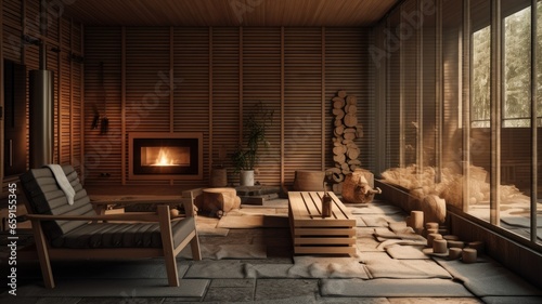 the wooden interior in the sauna. the well-crafted wooden benches and walls, emphasizing the natural and rustic beauty of the space. © lililia