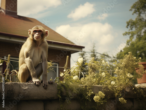 A Photo of a Monkey in the Backyard of a House in the Suburbs