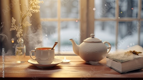 the rich colors of mulled wine in a clear glass mug placed near a frost-covered window. the windowsill with pine branches and red ribbons to enhance the holiday atmosphere.