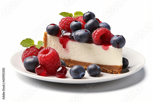 Cheesecake with fresh berries on plate on white background.