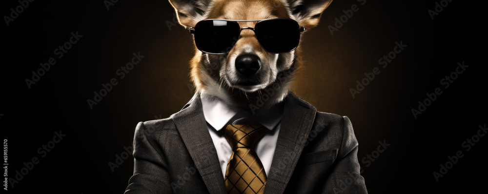 Dog wearing Sunglasses in Suit 