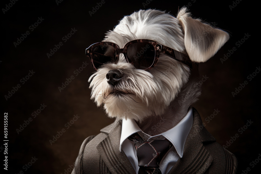 Dog wearing Sunglasses in Suit 
