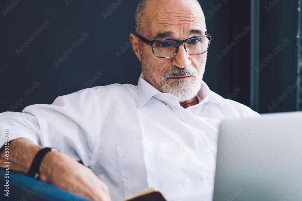 Senior bearded man working on laptop