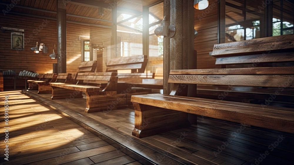 the wooden interior in the sauna. the well-crafted wooden benches and walls, emphasizing the natural and rustic beauty of the space.