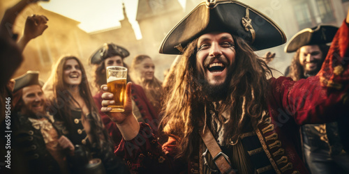 Pirates drinking and celebrating, costumes, banner, copyspace photo