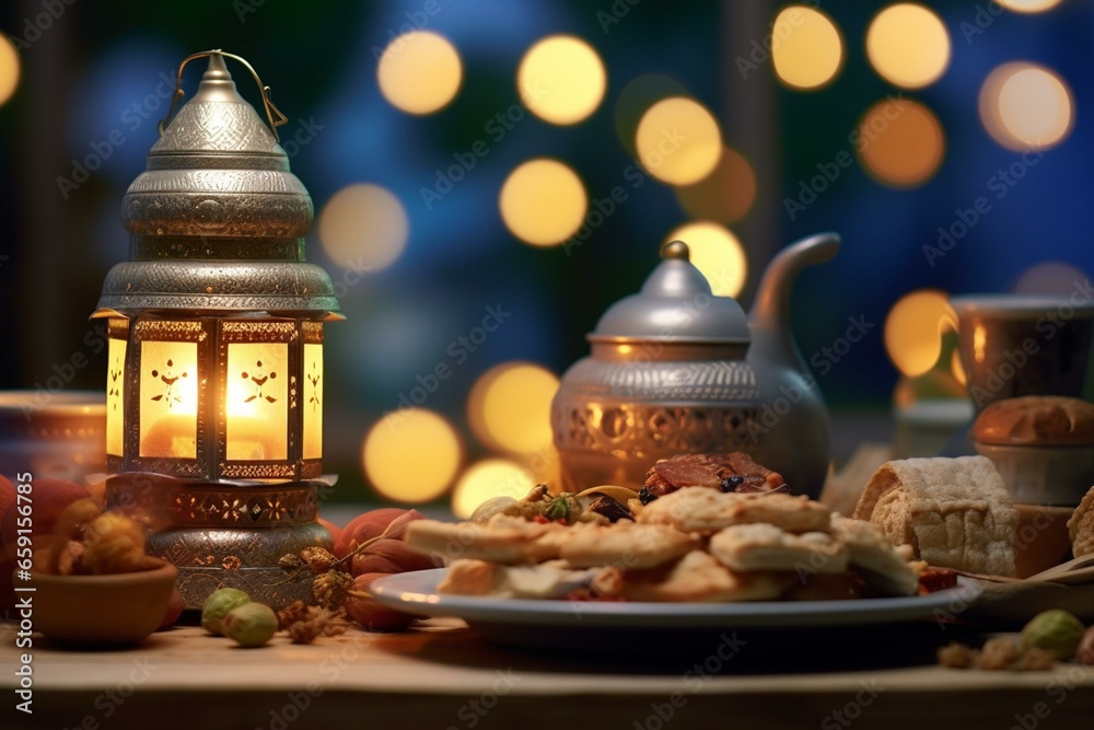 A table with traditional iftar dishes, lantern, and bokeh background. Generative AI