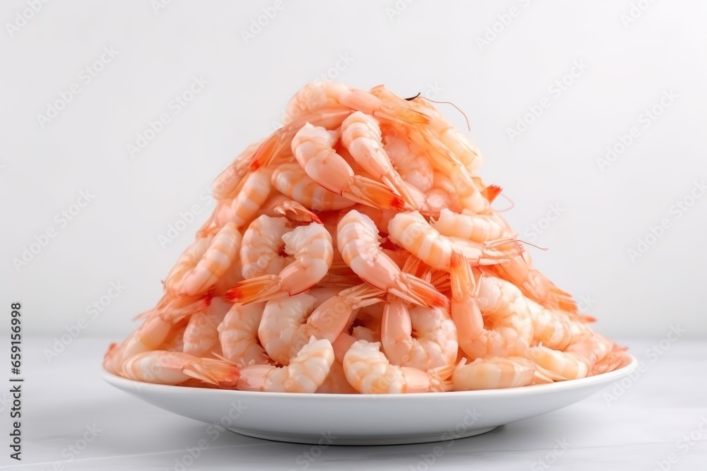 large pile of boiled shrimp on a plate shaped like a Christmas tree on ledge background.