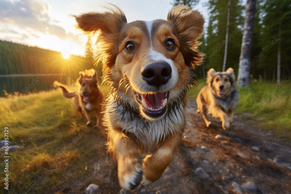 Happy dogs run towards camera in nature, creating a lovely view. Generative AI